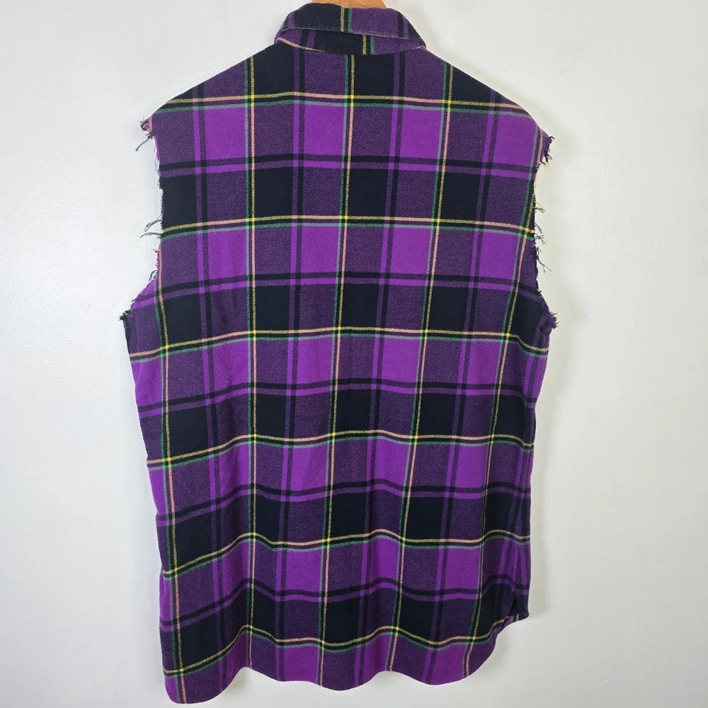 Ralph Lauren Purple Label XL Plaid Flannel Sleeveless‎ Shirt Cut Off Italy - Picture 3 of 8